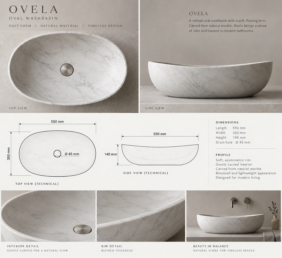 OVELA - Hvit marmorservant