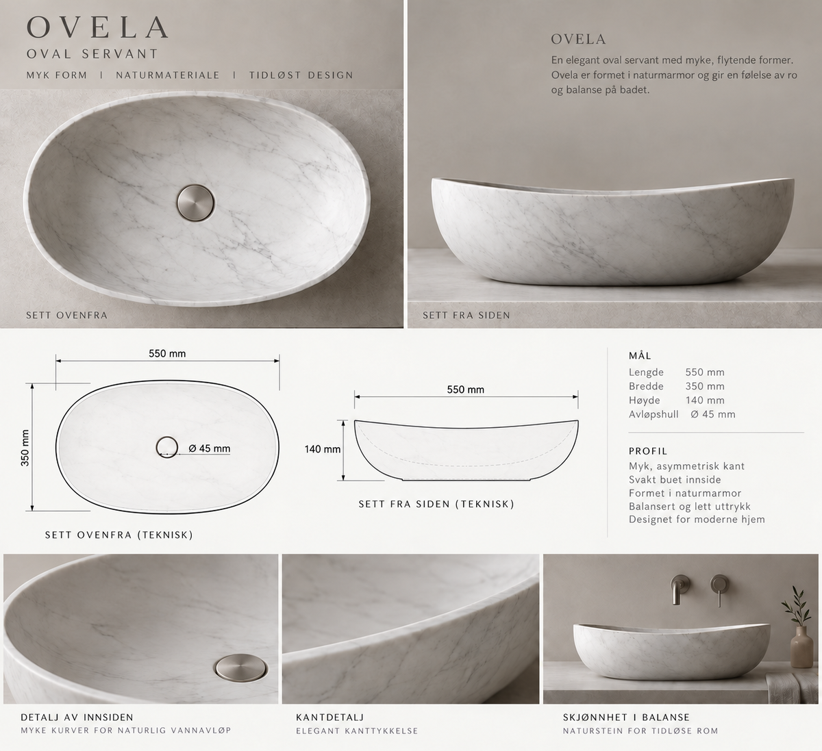 OVELA - Hvit marmorservant
