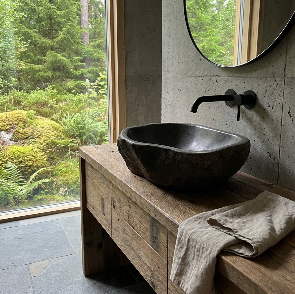 Basaltservant BASALTO – mørkegrå naturstein med rå utside og glatt innside