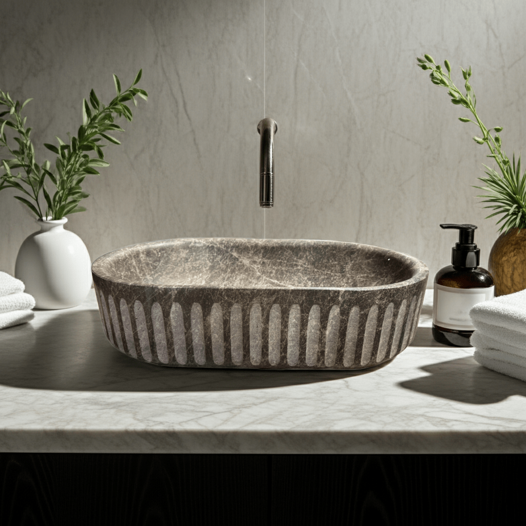 Dark Emperador marmorservant UMBRA – mørk brun spansk marmor med riflet design