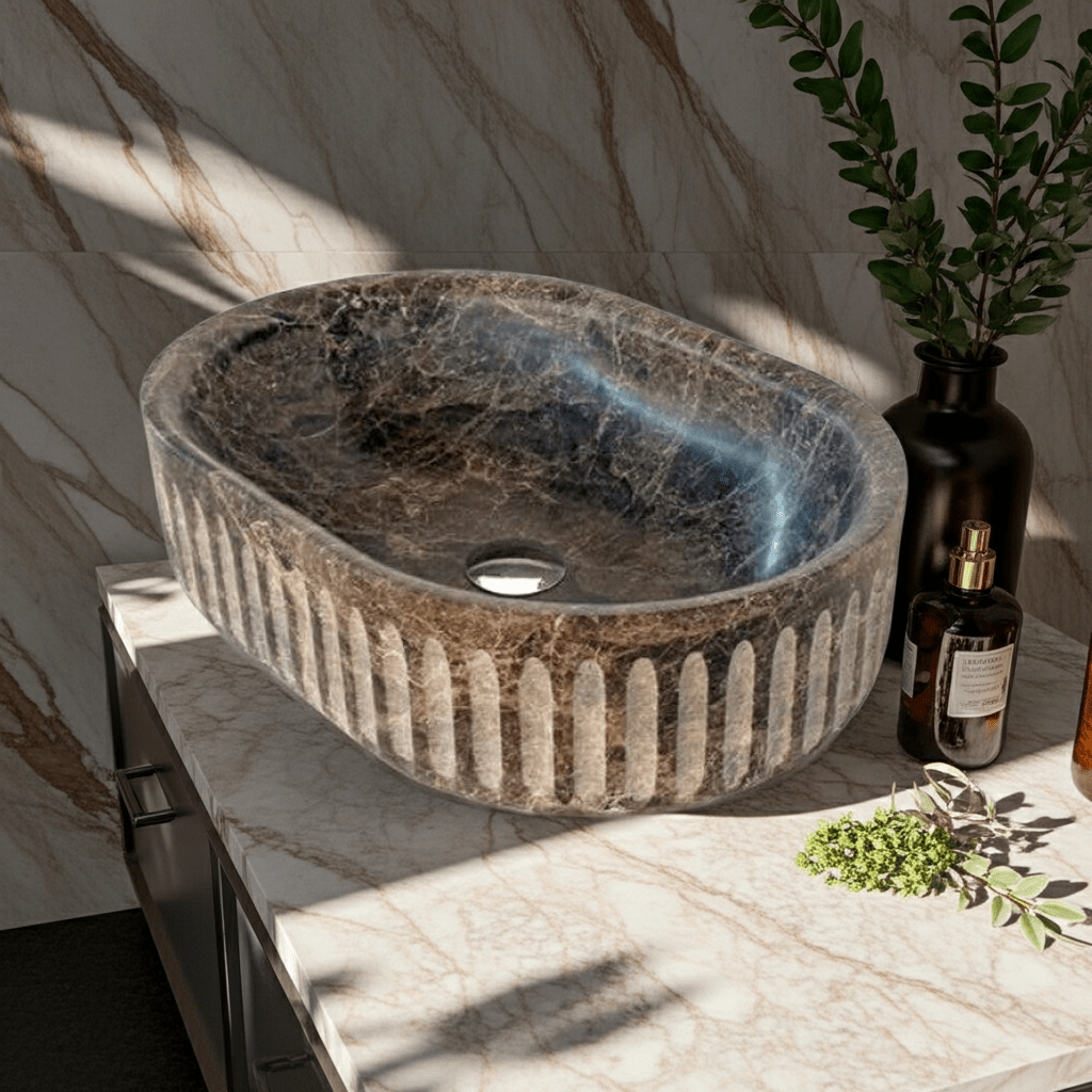 Dark Emperador marmorservant UMBRA – mørk brun spansk marmor med riflet design