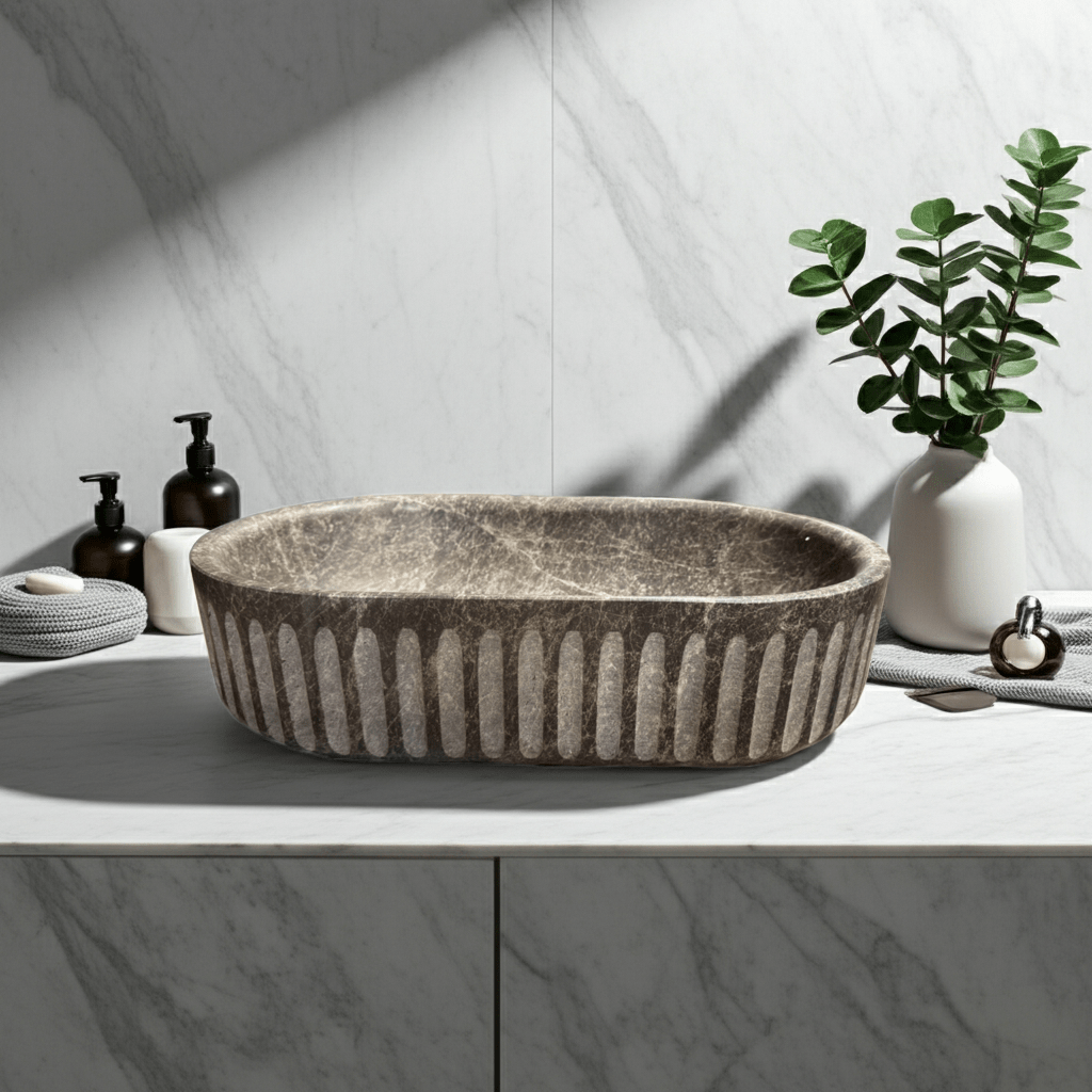 Dark Emperador marmorservant UMBRA – mørk brun spansk marmor med riflet design