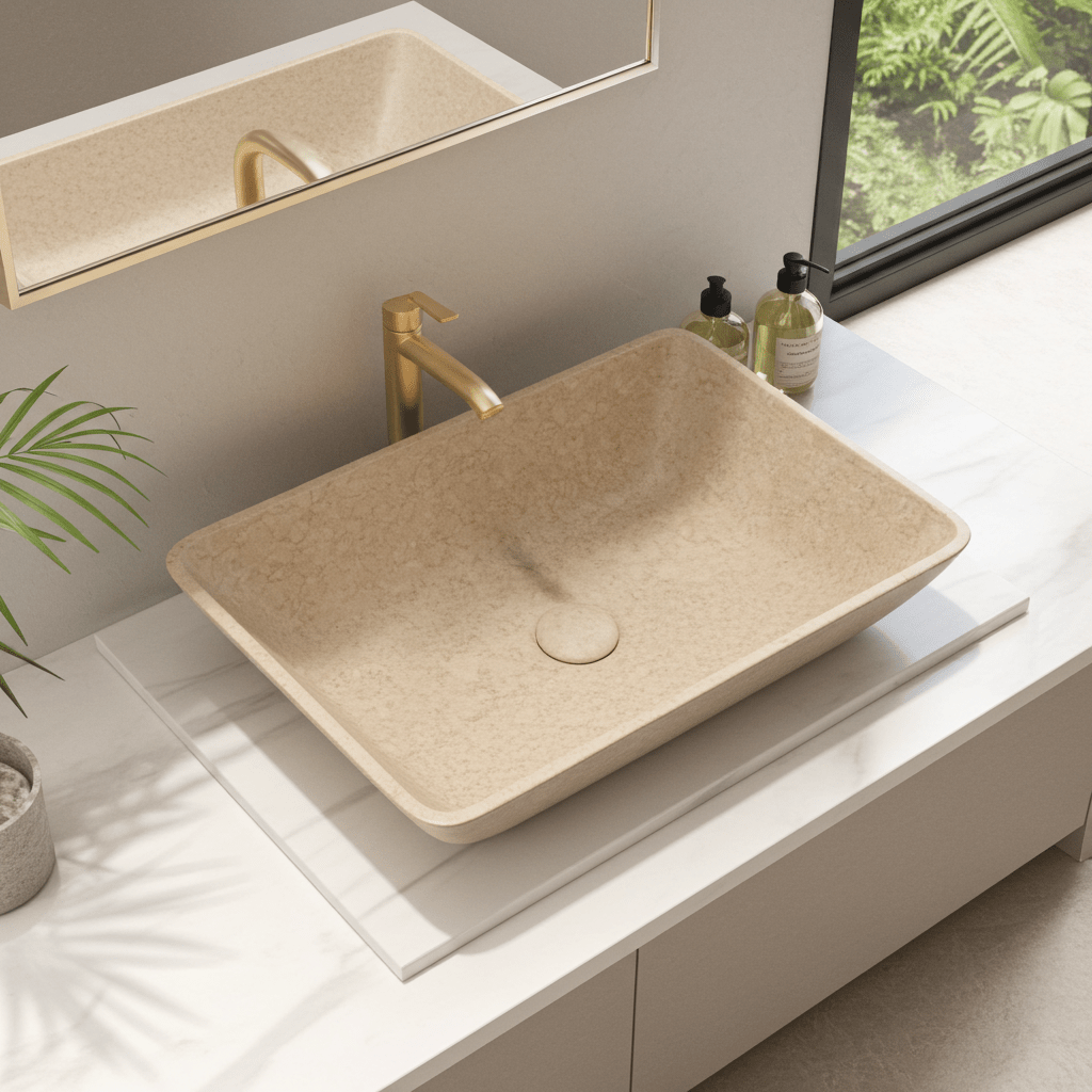 Kalksteinservant IVIO 55 – varm beige Galala-kalkstein fra Egypt, rektangulær form