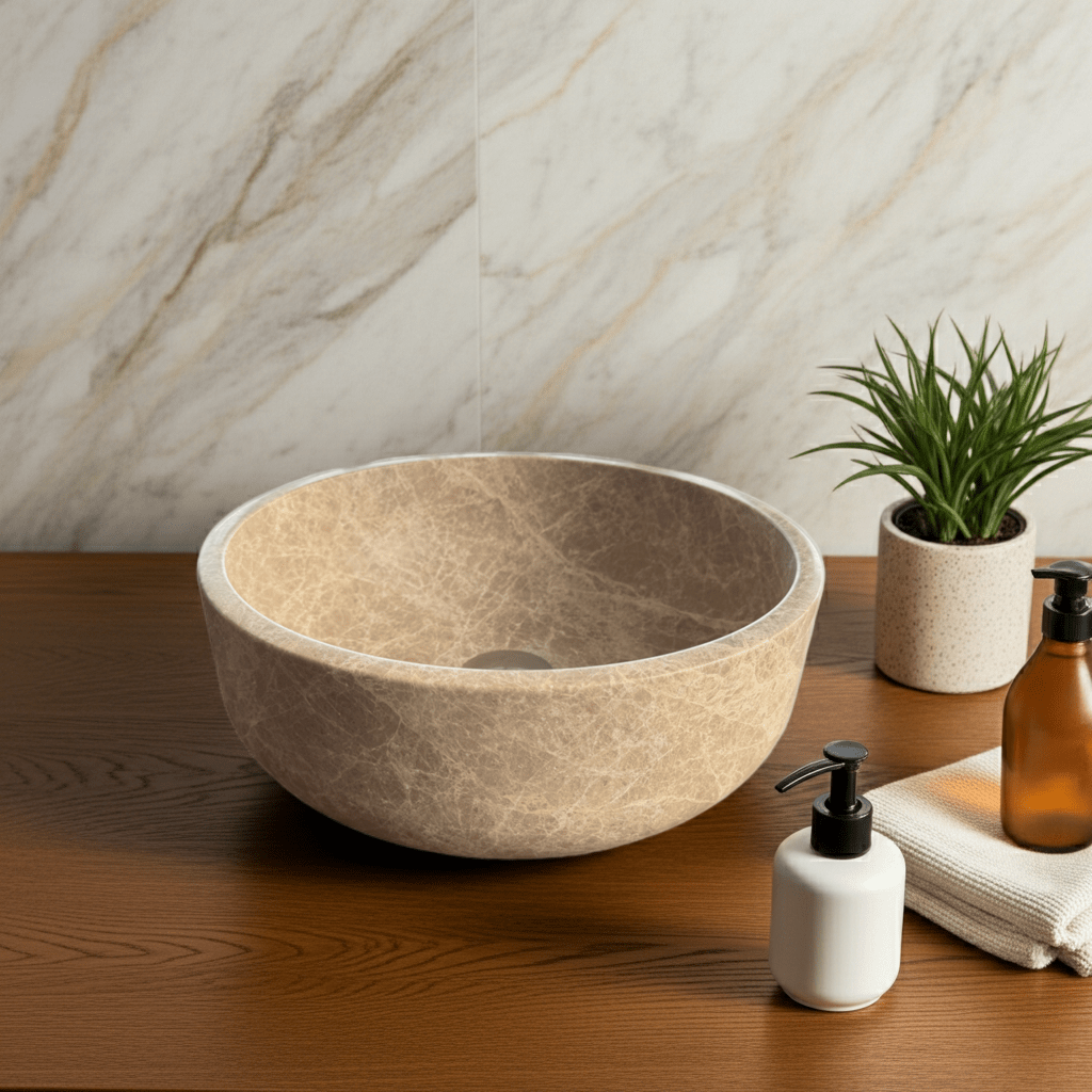 Light Emperador marmorservant SOLA – brun-beige spansk marmor med delikate årer