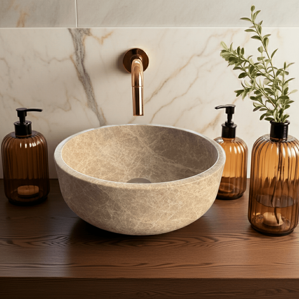Light Emperador marmorservant SOLA – brun-beige spansk marmor med delikate årer