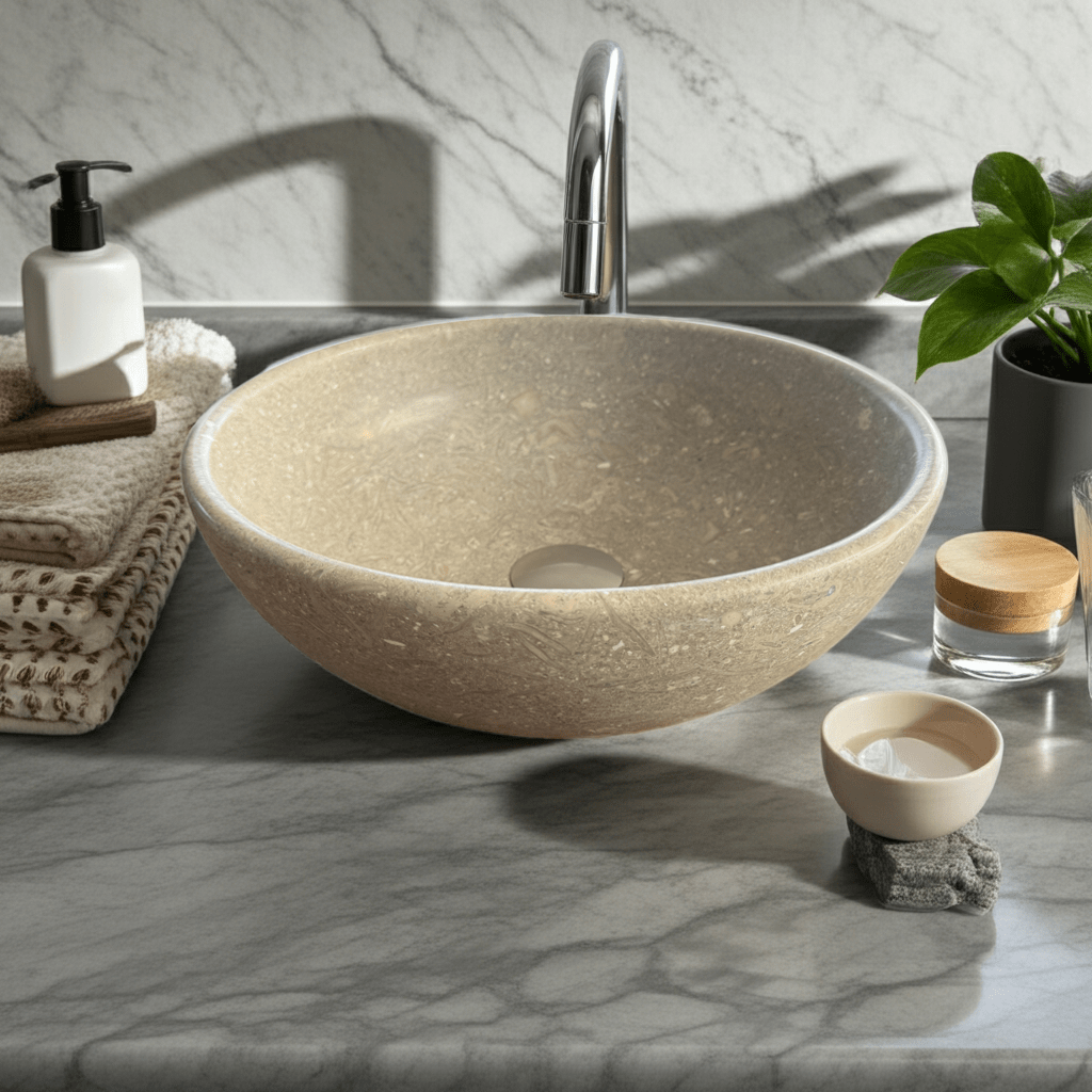 Kalksteinservant SERA – grønn-beige Marine Green med naturlige fossile detaljer