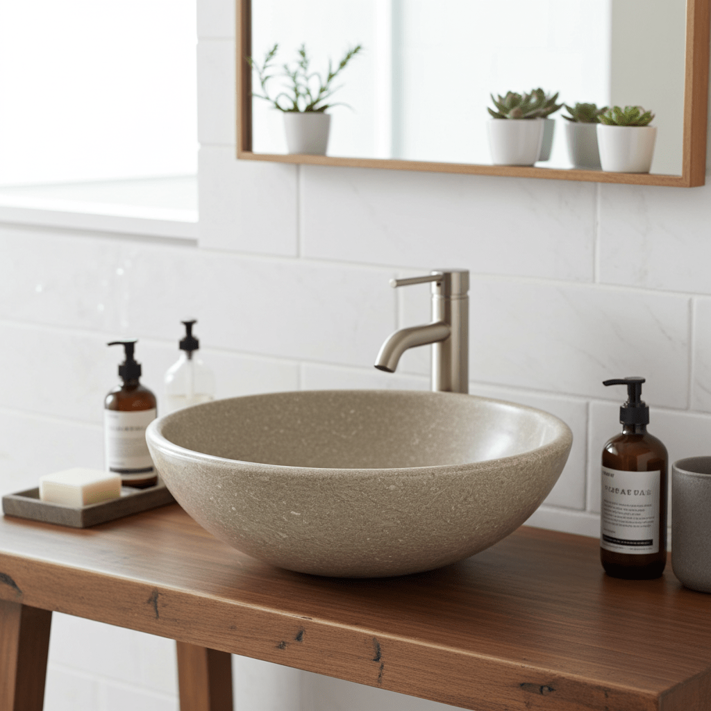 Kalksteinservant SERA – grønn-beige Marine Green med naturlige fossile detaljer