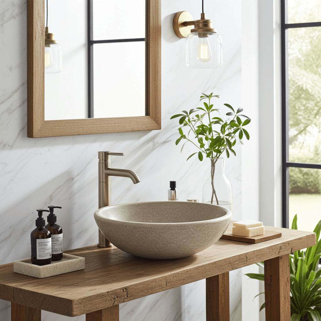 Kalksteinservant SERA – grønn-beige Marine Green med naturlige fossile detaljer