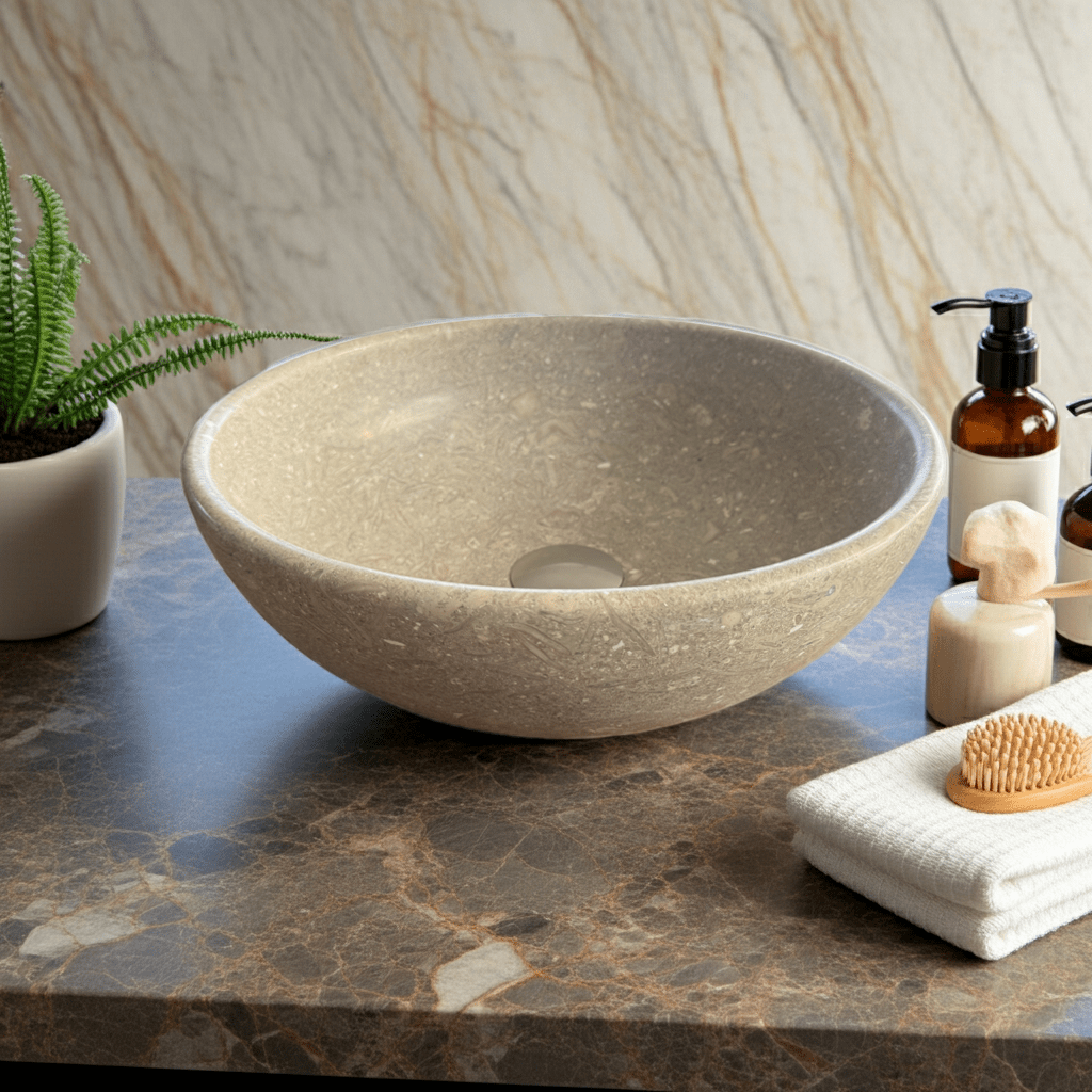 Kalksteinservant SERA – grønn-beige Marine Green med naturlige fossile detaljer