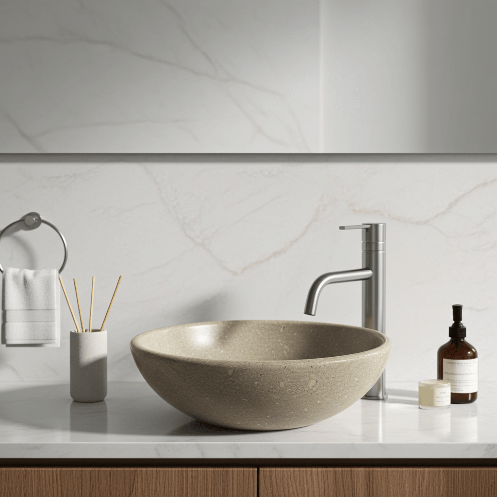 Kalksteinservant SERA – grønn-beige Marine Green med naturlige fossile detaljer