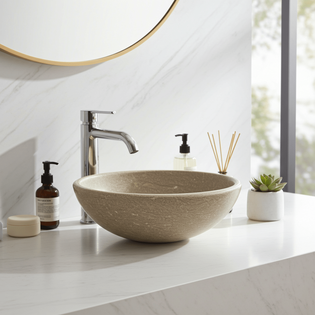 Kalksteinservant SERA – grønn-beige Marine Green med naturlige fossile detaljer
