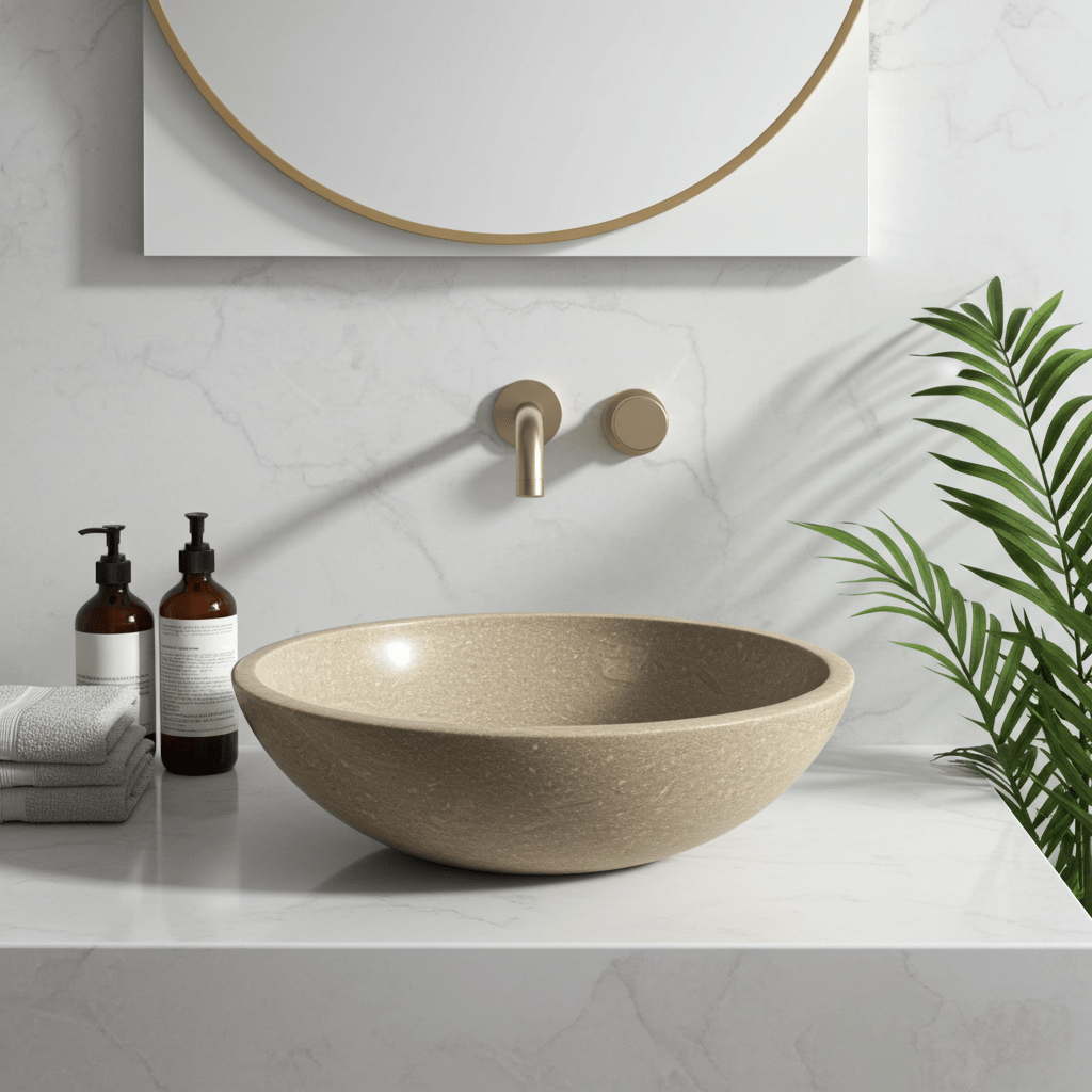 Kalksteinservant SERA L – grønn-beige Marine Green med naturlige fossile detaljer