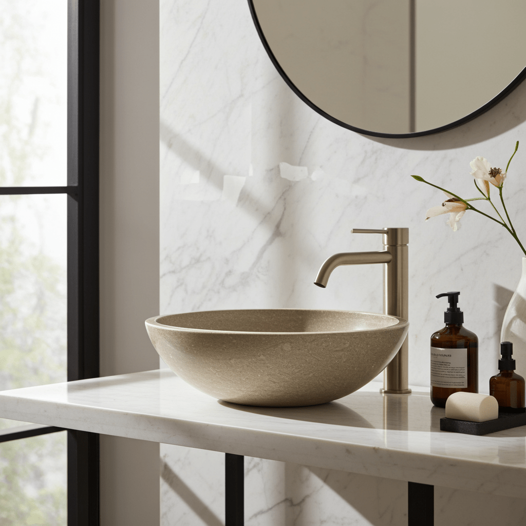 Kalksteinservant SERA L – grønn-beige Marine Green med naturlige fossile detaljer