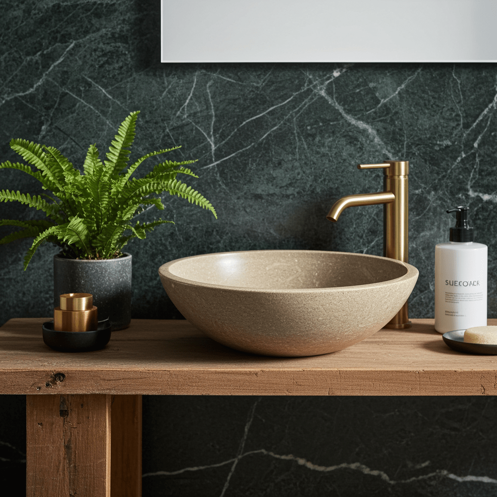 Kalksteinservant SERA L – grønn-beige Marine Green med naturlige fossile detaljer
