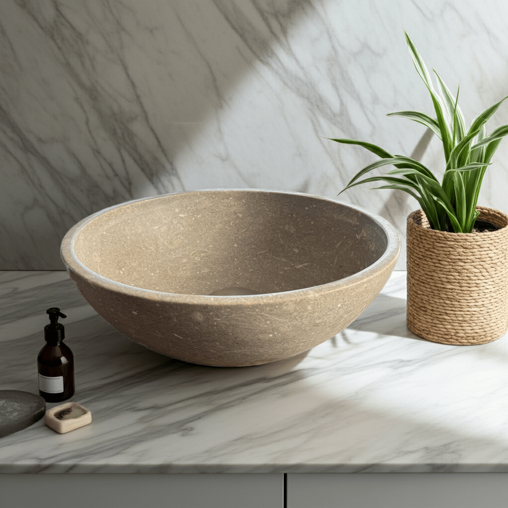 Kalksteinservant SERA L – grønn-beige Marine Green med naturlige fossile detaljer