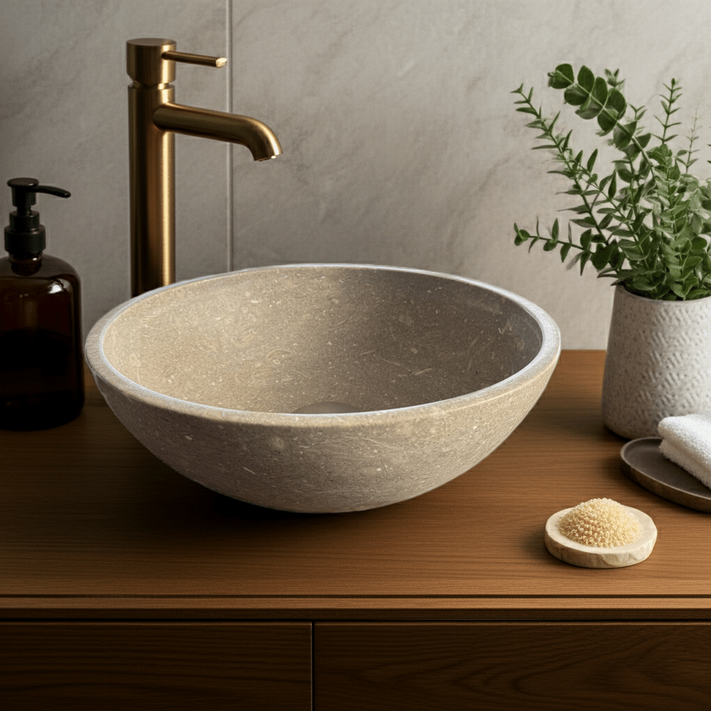 Kalksteinservant SERA L – grønn-beige Marine Green med naturlige fossile detaljer