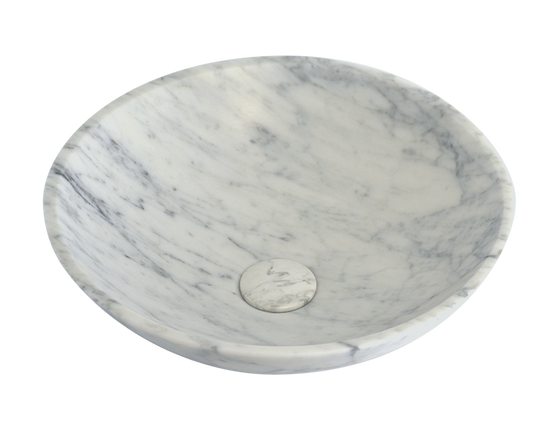 Carrara Marble stone washbasin. Hvit marmor steinvask. Bollevask, bolleservant, steinservant, stein servant, toppmontert. Vessel sink. Porcelain.