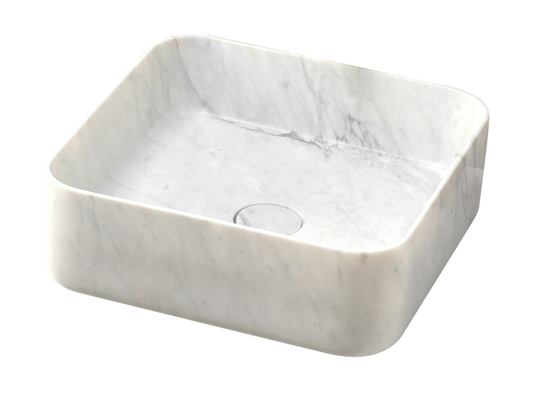Carrara Marble stone washbasin. Hvit marmor steinvask. Bollevask, bolleservant, steinservant, stein servant, toppmontert. Vessel sink. Porcelain. Firkantet